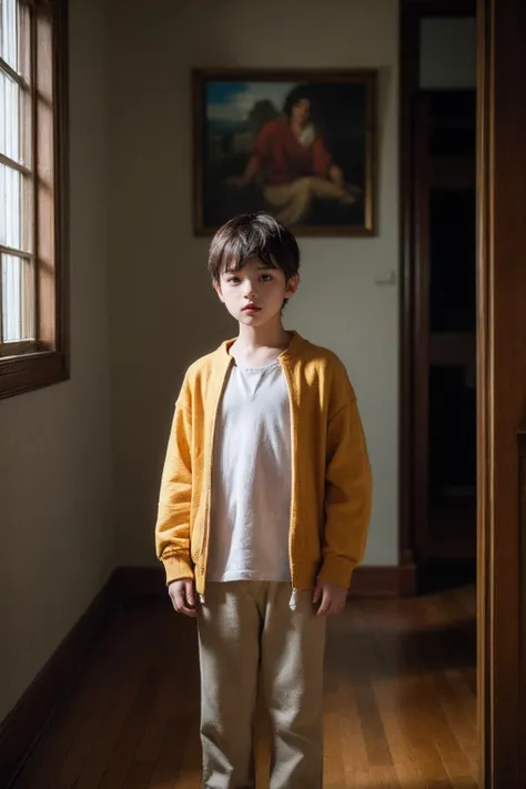 a close up of a young boy standing in a room