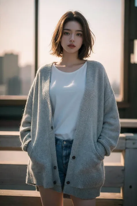 a woman standing on a balcony with a white shirt and a gray cardigan