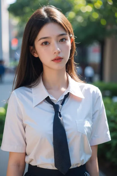 a close up of a woman wearing a tie and a shirt