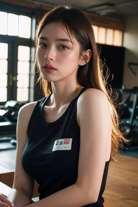 a woman sitting on a bench in a gym wearing a black top