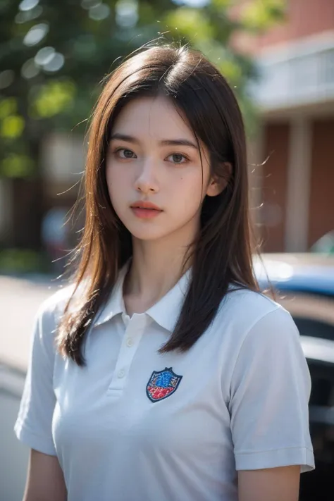 a woman in a white shirt standing next to a car