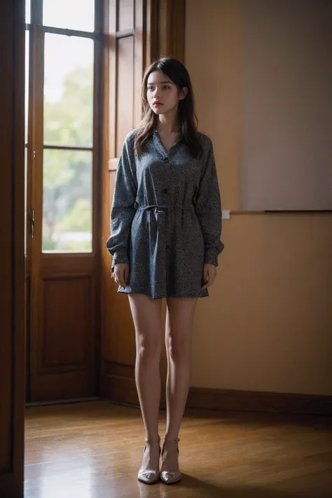 a woman standing in a room with a door open