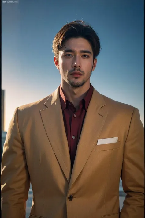 a close up of a man in a suit standing near a body of water