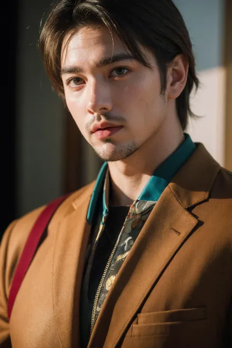 a close up of a man in a suit and tie looking at the camera