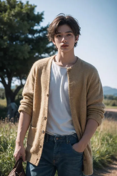 a man standing in a field with a handbag and a handbag