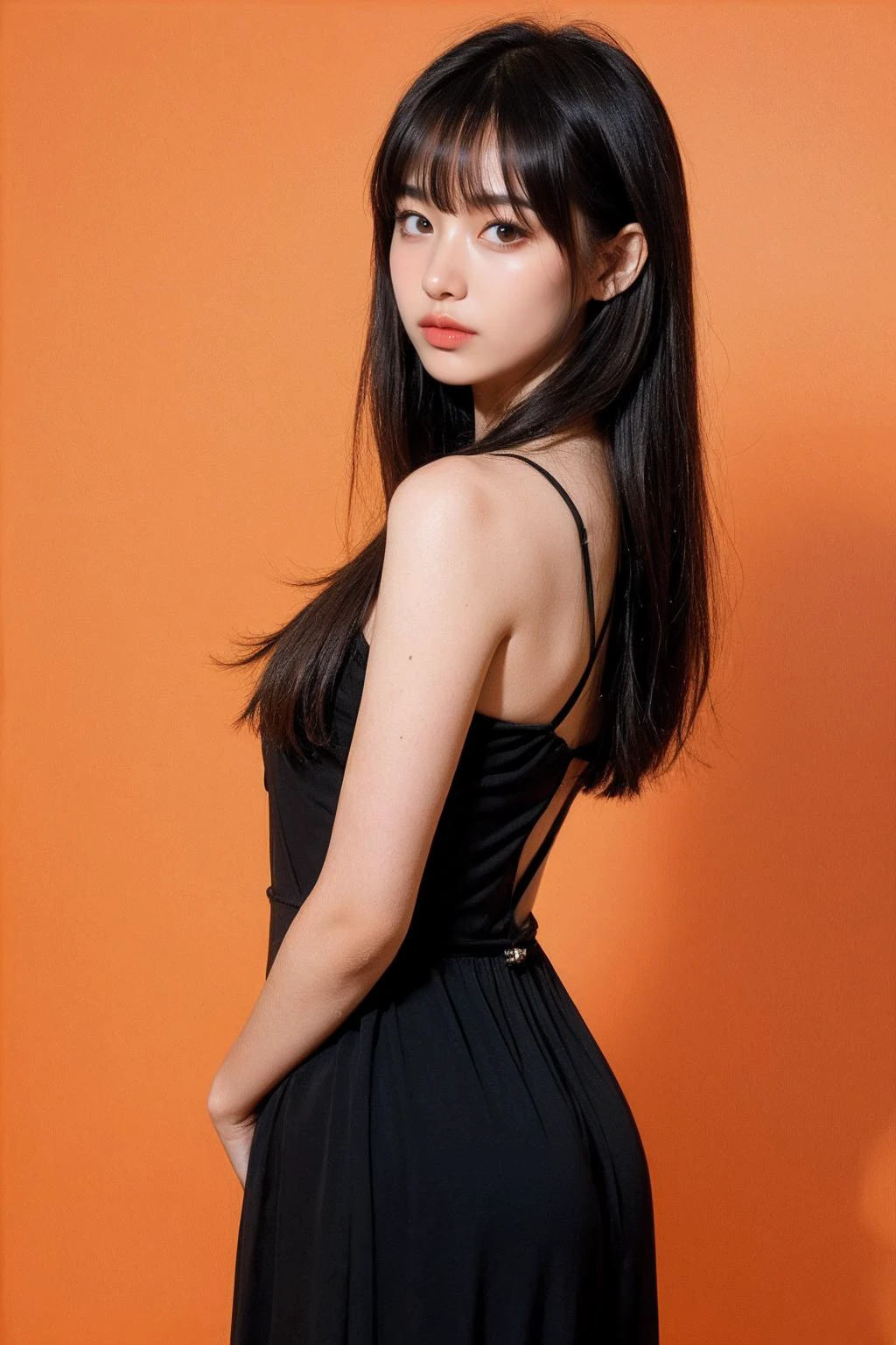 1girl,hair with bangs,black long dress,orange background,