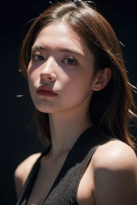 a woman with long hair and a black top looking at the camera