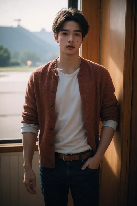 a close up of a person standing near a window with a brown cardigan