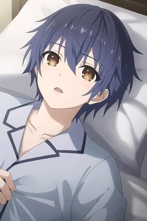 itsuka shido, 1boy, male focus, solo, blue hair, brown eyes, pillow, lying, collarbone, open mouth, on back, pajamas, bed, under covers, parted lips, indoors, looking at viewer