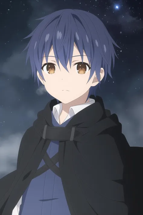 itsuka shido, 1boy, solo, male focus, blue hair, brown eyes, cloak, look at viewer, blow wind, lighting particle, strong rim light, starry sky, (moonlight), fog, snowflake, upper body,