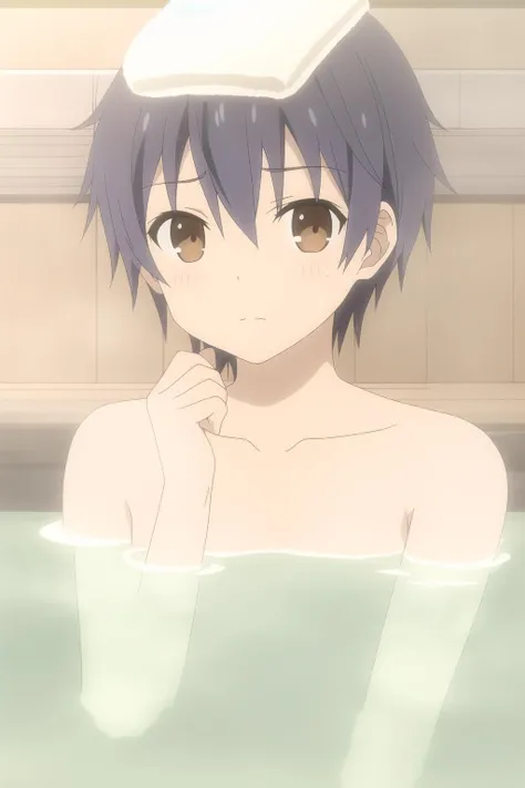 hand on own chin, bathing, onsen, bath, nude, water, collarbone, towel on head, thinking, partially submerged, closed mouth, upper body,
