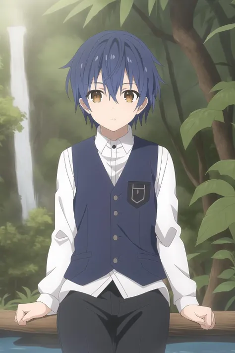 itsuka shido,1boy, solo, brown eyes, blue hair, jungle, stream, sitting, black vest, wind, caustics,