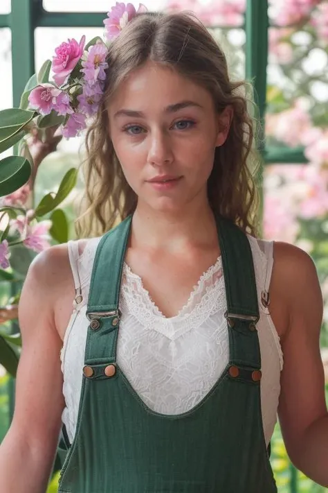 DEN_lavynder_rain,
(in a giant glass green house filled with exotic flowers and plants wearing overalls and a bandana walking through the flowers, arboretum, green house, glass, plants, flowers:1.2),
bokeh, f1.4, 40mm, photorealistic, raw, 8k, textured skin, skin pores, intricate details <lora:epi_noiseoffset2:1>, epiCRealism <lora:ClothingAdjuster3:-1.3>