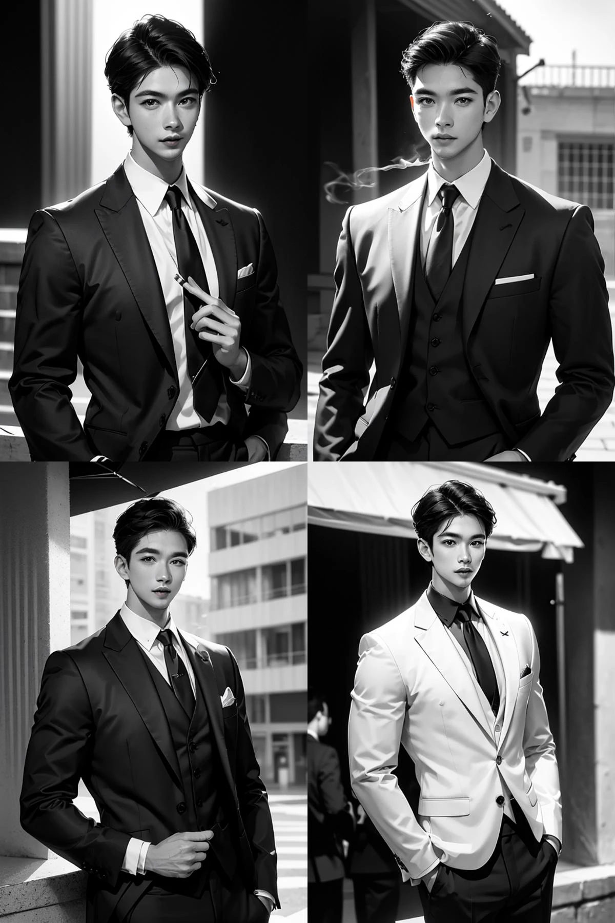 (((Best Quality))), (((Super Fine))), (((Masterpiece))), Illustration, (Realistic: 1.4).
1 male, single, 30 yrs old, male focus, large muscular, handsome male, short hair,upper body,
Smoking posture, hand holding cigarette,hand in pocket, charming smile, looking at the audience,
Suit, (black suit:1.3), Tie, Jacket, Shirt, Formal.
Monochrome Photography, Outdoor, (black background: 1.3), Dark Subject, (direct sunlight: 1.2),
<lora:Poetlee_V1.0:0.4>,poet_lee,
((Grayscale, Monochrome)), Outdoor, Blur, Blurred Background, Building