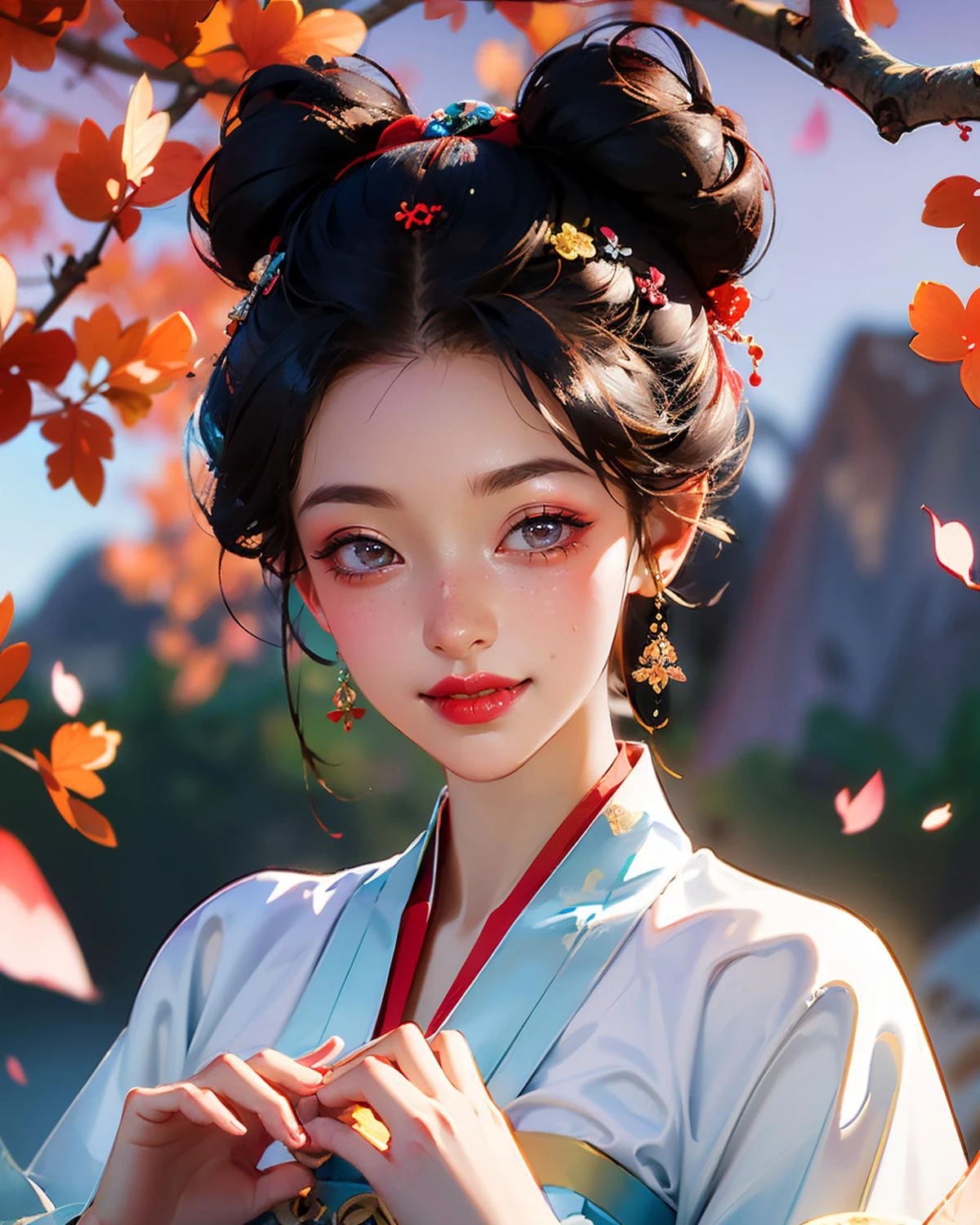 (upper body:1.5), 1girl, beautiful chinese girl, detailed face, asymmetrical bangs, (double buns, facing viewer, small face, (happy, smile, closed mouth, dimple, (winking \(animated\):1.5), tangmakeup, (huadian:1.4), xiehong:1.2), lipstick, long winged eye liner, long eyelashes, nose contouring, symmetrical eyes, chiselled jaw line), (nice hands, perfect hands:1.5), ((chinese dress, white fur red cape)), high detail skin, real skin, (jungle, rock, river, plum blossoms petals falling:1.4), (masterpiece, top quality, best quality, official art, beautiful and aesthetic:1.2), extreme detailed,((colorful refraction)), (beautiful detailed sky), Life optical flow,((dark intense shadows)), ((cinematic lighting)), ((sharp focus)), ((masterpiece)), ((best quality)), epic cinematic, soft nature lights, rim light, absurd, amazing, funny, itricate, hyper detailed, ultra realistic, soft colors, <lora:tang_makeup:0.7> <lora:GoodHands-vanilla:1>