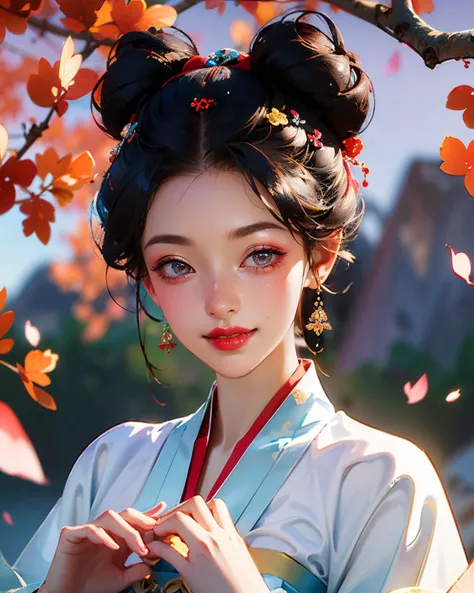 (upper body:1.5), 1girl, beautiful chinese girl, detailed face, asymmetrical bangs, (double buns, facing viewer, small face, (happy, smile, closed mouth, dimple, (winking \(animated\):1.5), tangmakeup, (huadian:1.4), xiehong:1.2), lipstick, long winged eye liner, long eyelashes, nose contouring, symmetrical eyes, chiselled jaw line), (nice hands, perfect hands:1.5), ((chinese dress, white fur red cape)), high detail skin, real skin, (jungle, rock, river, plum blossoms petals falling:1.4), (masterpiece, top quality, best quality, official art, beautiful and aesthetic:1.2), extreme detailed,((colorful refraction)), (beautiful detailed sky), Life optical flow,((dark intense shadows)), ((cinematic lighting)), ((sharp focus)), ((masterpiece)), ((best quality)), epic cinematic, soft nature lights, rim light, absurd, amazing, funny, itricate, hyper detailed, ultra realistic, soft colors, <lora:tang_makeup:0.7> <lora:GoodHands-vanilla:1>