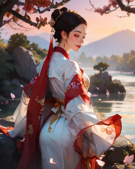 (cowboy shot, from behind:1.5), 1girl, beautiful chinese girl, detailed face, asymmetrical bangs, (double buns, facing viewer, small face, (happy, smile, closed mouth, dimple, big eyes, wince, tangmakeup, (huadian:1.4), xiehong:1.2), lipstick, long winged eye liner, long eyelashes, nose contouring, symmetrical eyes, chiselled jaw line), ((nice hands, perfect hands)), ((chinese dress, white fur red cape)), high detail skin, real skin, (jungle, rock, river, plum blossoms petals falling:1.4), (masterpiece, top quality, best quality, official art, beautiful and aesthetic:1.2), extreme detailed,((colorful refraction)), (beautiful detailed sky), Life optical flow,((dark intense shadows)), ((cinematic lighting)), ((sharp focus)), ((masterpiece)), ((best quality)), epic cinematic, soft nature lights, rim light, absurd, amazing, funny, itricate, hyper detailed, ultra realistic, soft colors, <lora:tang_makeup:0.7> <lora:GoodHands-vanilla:1>