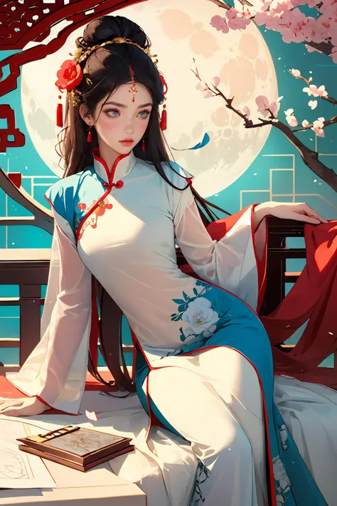 Drawing using ink 1girl, flower, hair ornament, solo, long hair, black hair, holding, holding flower, branch, jewelry,red chinese clothes, hair bun, earrings, hair flower, long sleeves, petals, moon, wide sleeves, forehead mark, blue flower, dress,blush,embarrassed, <lora:GoodHands-vanilla:1>, often on paper, known for bold lines and graphic effects.