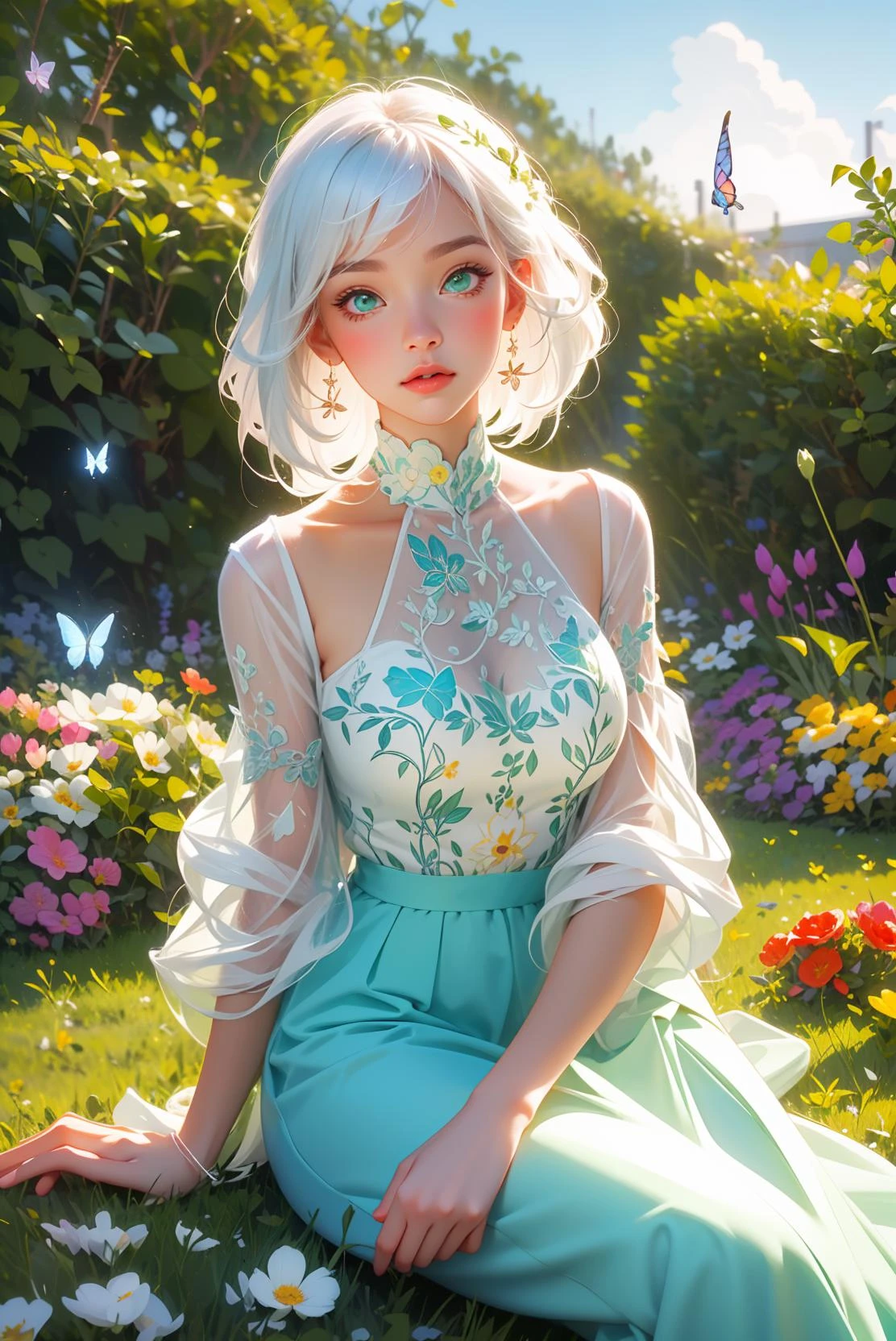 (((best quality))), (((ultra detailed))), (((masterpiece))), illustration,
flowers, garden, 1girl, butterfly style, butterflies, ultra detailed, white hair, green eyes,
