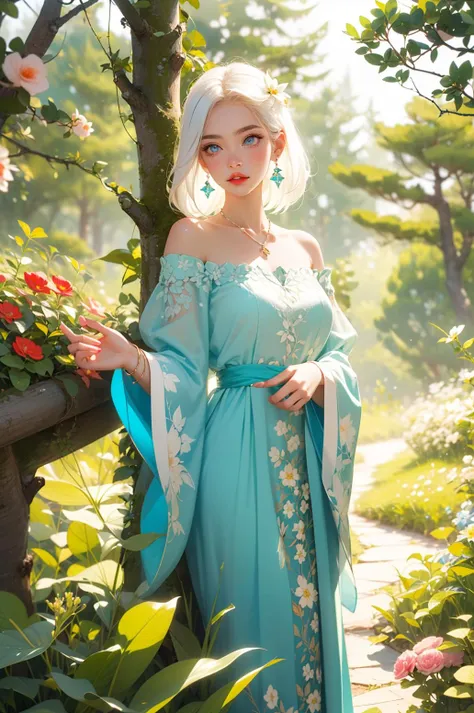 (absurdres, highres, ultra detailed)
1girl, jewelry, flower, earrings, long hair, dress, blonde hair, solo, tree, skull, hair ornament, white hair, holding, ring, bracelet, nature, bare shoulders, leaf, watermark, lips, necklace, gem, parted lips, outdoors, red lips, off shoulder, day, web address, wide sleeves, forest, orange flower, nail polish, sunlight, standing, red flower, branch, blue eyes