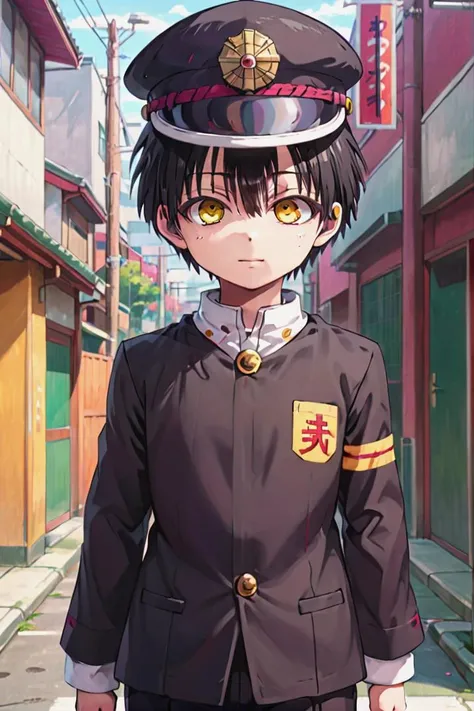 1boy,
masterpiece, ultra detail,
<lora:hanako-000008:0.6>
hanako, solo, looking at viewer, sneer , black hair, school uniform, yellow eyes, standing, whole body, hat, ofuda, hitodama, gakuran, city
<lora:XDetail_heavy:1>