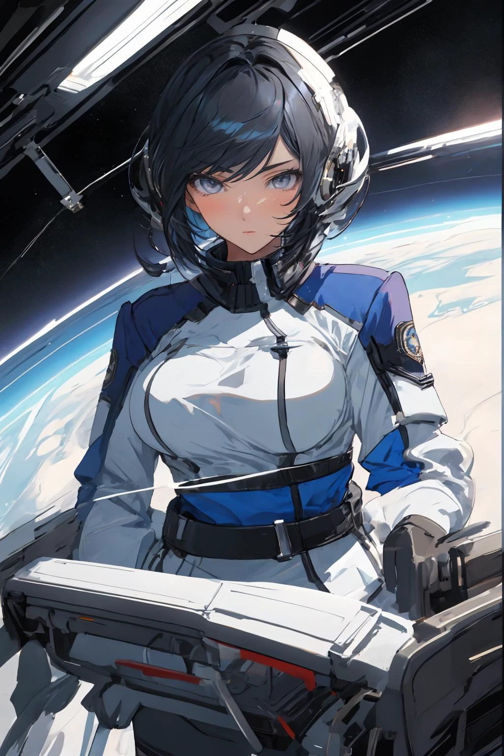 masterpiece, best quality, pbNaomi, blue and white uniform, long sleeves, white skirt, large breasts, black thighhighs, tan, large breasts, furrowed brow, looking at viewer, upper body, space station, indoors, space background,
<lora:naomievans-nvwls-v1:1>