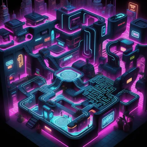 Create a cartoon-style, cyberpunk-themed maze, featuring neon-lit pathways intertwined within a futuristic cityscape. The maze walls are adorned with high-tech graffiti, holographic ads, and digital vines. The ambiance is that of a vibrant, yet dystopian world where technology and urban decay merge. Include glowing neon signs in cybernetic script, hover cars stuck in perpetual traffic above, and cybernetic creatures lurking in shadowy corners. The perspective should give the viewer a sense of being lost in an endless digital labyrinth, where every turn reveals a new, visually rich, and technologically infused scene,      <lora:maze:0.65>