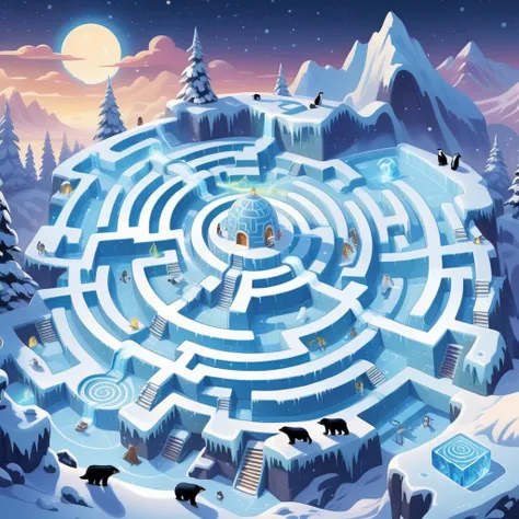 Create a whimsical cartoon-style maze, intricately designed with Arctic elements woven throughout. Picture a labyrinth of ice and snow, with walls crafted from glistening icicles and snowbanks. Scatter around playful polar bears, mischievous penguins, and seals sliding across frozen pathways as interactive obstacles. The maze's center is marked by a cozy igloo, lit from within, serving as the final destination. Above, the aurora borealis dances across a star-filled sky, adding a magical glow to the entire scene. Incorporate frosty trees and hidden ice caves along the maze's paths to enrich the Arctic adventure theme,<lora:maze:0.75>