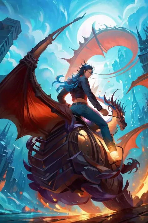 riding a dragon, boy, long hair, beads, male focus, sitting, jewelry, pants, (masterpiece, original, best quality, high quality, hdr:1), best artists, detailed, ray tracing, reflections, vivid colors, high contrast, rim lights, back lights, cinematography, cinematic lighting, cinematic bloom, blurred background, sfw, <lora:fix_vivid:0.8>, <lora:fix_add_detail:0.8>, <lora:fix_contrast:0.4>, <lora:fix_goodhands:0.8>