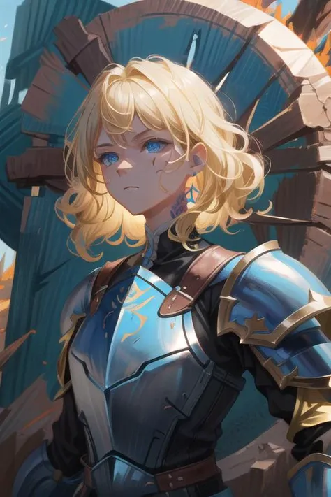 girl, beautiful, slender, (short wavy blonde hair, blue eyes, round chin, round face, tattoos:1.5), (warrior, leather armor, flail, shield:1.4), (battle, destruction, ancient ruins, dark forest:1.3), (solo, portrait:1.2), (magical, dreamy, fantasy, surreal, ethereal, folklore, mythical, legendary :1.1), (masterpiece, original, best quality, high quality, hdr:1), best artists, detailed, ray tracing, reflections, vivid colors, high contrast, rim lights, back lights, cinematography, cinematic lighting, cinematic bloom, sfw, <lora:fix_vivid:0.4>, <lora:fix_add_detail:0.6>, <lora:fix_goodhands:0.8>