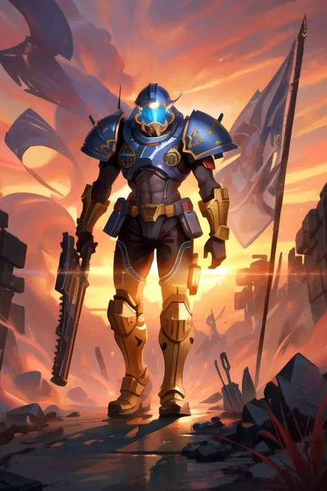 (1boy, man, male focus, Warhammer, 40k, 40000, Terran, Starcraft, dark purple armor, pugnacious: 1.3), big riffles, guns, war banner, destruction, marching, sunset, fire, smoke, smog, desolation, debris, ruins, (close up, from belt:1.2), (masterpiece, original, best quality, high quality, hdr:1), best artists, detailed, ray tracing, reflections, vivid colors, high contrast, rim lights, back lights, cinematography, cinematic lighting, cinematic bloom, sfw, <lora:fix_vivid:0.4>, <lora:fix_add_detail:0.6>, <lora:fix_goodhands:0.8>