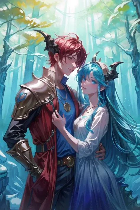 2others, couple, 1man with 1woman, mature, adult, Height difference, ((dragon girl, dragon boy)), different color, finely detailed eyes and detailed face, intricate details, happy, love, smile, {an extremely delicate}, dreamy forest, neat figure, looking at viewer, necklace, (masterpiece, original, best quality, high quality, hdr:1), best artists, detailed, ray tracing, reflections, vivid colors, high contrast, rim lights, back lights, cinematography, cinematic lighting, cinematic bloom, blurred background, sfw, <lora:fix_vivid:0.8>, <lora:fix_add_detail:0.8>, <lora:fix_contrast:0.4>, <lora:fix_goodhands:0.8>