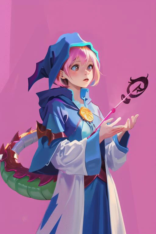 (solid magenta background, simple background:1.5), (1girl, dragon girl, blue wizard, casting spell:1.4), (best quality, high quality:1.3), hires, high resolution, highly detailed, masterpiece, illustration, Deviantart, Artstation