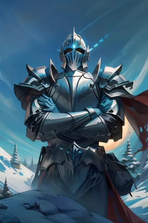 black knight, armor, cape, helmet, from below, foreshortening, crossed arms, backlit, silhouette, snow, castle, medieval, (masterpiece, original, best quality, high quality, hdr:1), best artists, detailed, ray tracing, reflections, vivid colors, high contrast, rim lights, back lights, photorealism, hyperrealism, realistic, cinematography, cinematic lighting, cinematic bloom, blurred background, sfw, <lora:fix_vivid:0.8>, <lora:fix_add_detail:0.8>, <lora:fix_contrast:0.4>, <lora:fix_goodhands:0.8>