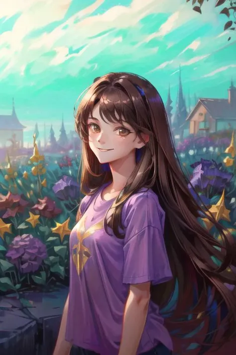 girl, beautiful, (long brown hair, brown eyes, smiling, medium skin:1.5), (purple shirt:1.4), (garden:1.3), periwinkle, (looking at camera, solo, centered, portrait:1.2), (masterpiece, best quality, high quality, hdr:1), best artists, detailed, ray tracing, reflections, vivid colors, high contrast, rim lights, back lights, cg, cinematography, cinematic lighting, cinematic bloom, blurred background, sfw,  <lora:sxz-wowart-v2:0.8>, <lora:fix_add_detail:0.8>, <lora:to8contrast-1-5:0.4>, <lora:GoodHands-vanilla:0.8>