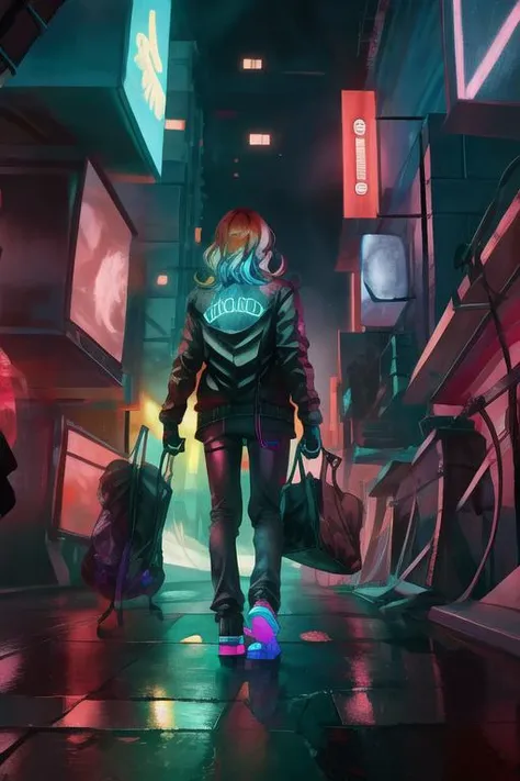 1girl, solo, (looking back, from side, looking at viewer:1.1), wavy hair, medium hair, (multicolored hair:1.3), teenage, jacket, (blacklight:1.2), rain, night, cyberpunk city, glowing neon lights, deep theme, heavy breathing, concept art, high detailed black jacket, building, city lights, gloves, long sleeves, pants, science fiction, (masterpiece, original, best quality, high quality, hdr:1), best artists, detailed, ray tracing, reflections, vivid colors, high contrast, rim lights, back lights, photorealism, hyperrealism, realistic, cinematography, cinematic lighting, cinematic bloom, blurred background, sfw, <lora:fix_vivid:0.8>, <lora:fix_add_detail:0.8>, <lora:fix_contrast:0.4>, <lora:fix_goodhands:0.8>