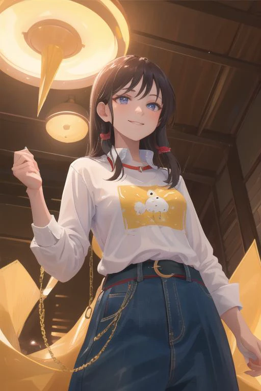 best quality, masterpiece, 1girl, light smile, shirt with collars, waist up, dramatic lighting, from below