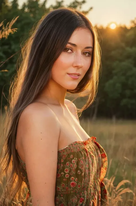 A stunning intricate full color picture of a beautiful woman, 70s boho maxi dress in a sunlit field, closeup,, epic character composition,by ilya kuvshinov, alessio albi, nina masic,sharp focus, subsurface scattering, f2, 35mm, film grain<lora:evastr:1>