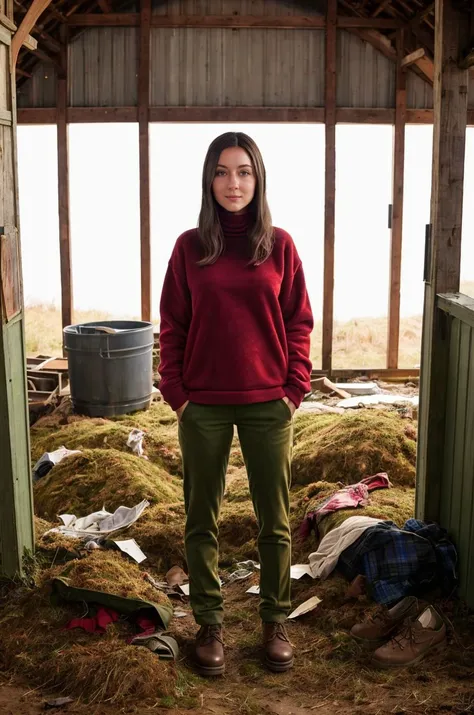A full color portrait of a beautiful woman, fleece pullover and corduroy trousers, abandoned barn,portrait from above, epic character composition,by ilya kuvshinov, alessio albi, nina masic,sharp focus, subsurface scattering, f2, 35mm, film grain<lora:evastr:1>