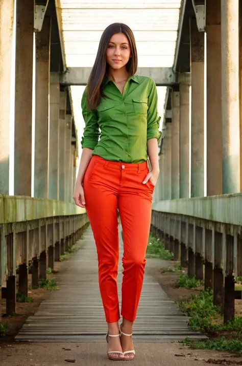 A full color portrait of a beautiful woman, casual blouse and green capris, deserted bridge,full body, epic character composition,by ilya kuvshinov, alessio albi, nina masic,sharp focus, subsurface scattering, f2, 35mm, film grain<lora:evastr:1>