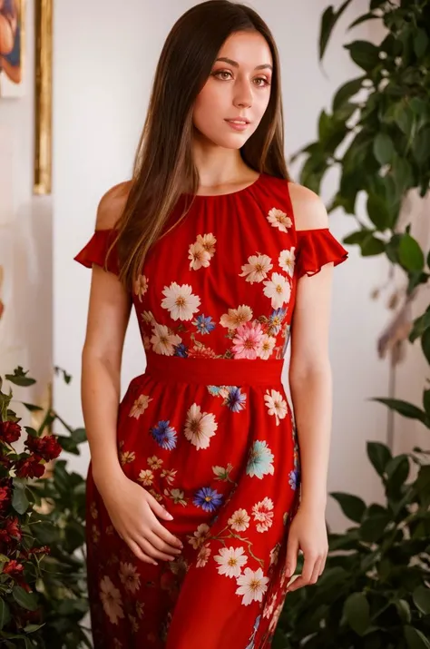 A stunning intricate full color picture of a beautiful woman, wearing a floral cocktail dress at a gallery opening, closeup,, epic character composition,by ilya kuvshinov, alessio albi, nina masic,sharp focus, subsurface scattering, f2, 35mm, film grain <lora:evastr:1>