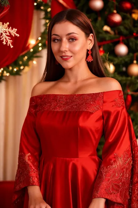 A stunning intricate full color picture of a beautiful woman, striking red dress at a holiday party, closeup,, epic character composition,by ilya kuvshinov, alessio albi, nina masic,sharp focus, subsurface scattering, f2, 35mm, film grain<lora:evastr:1>