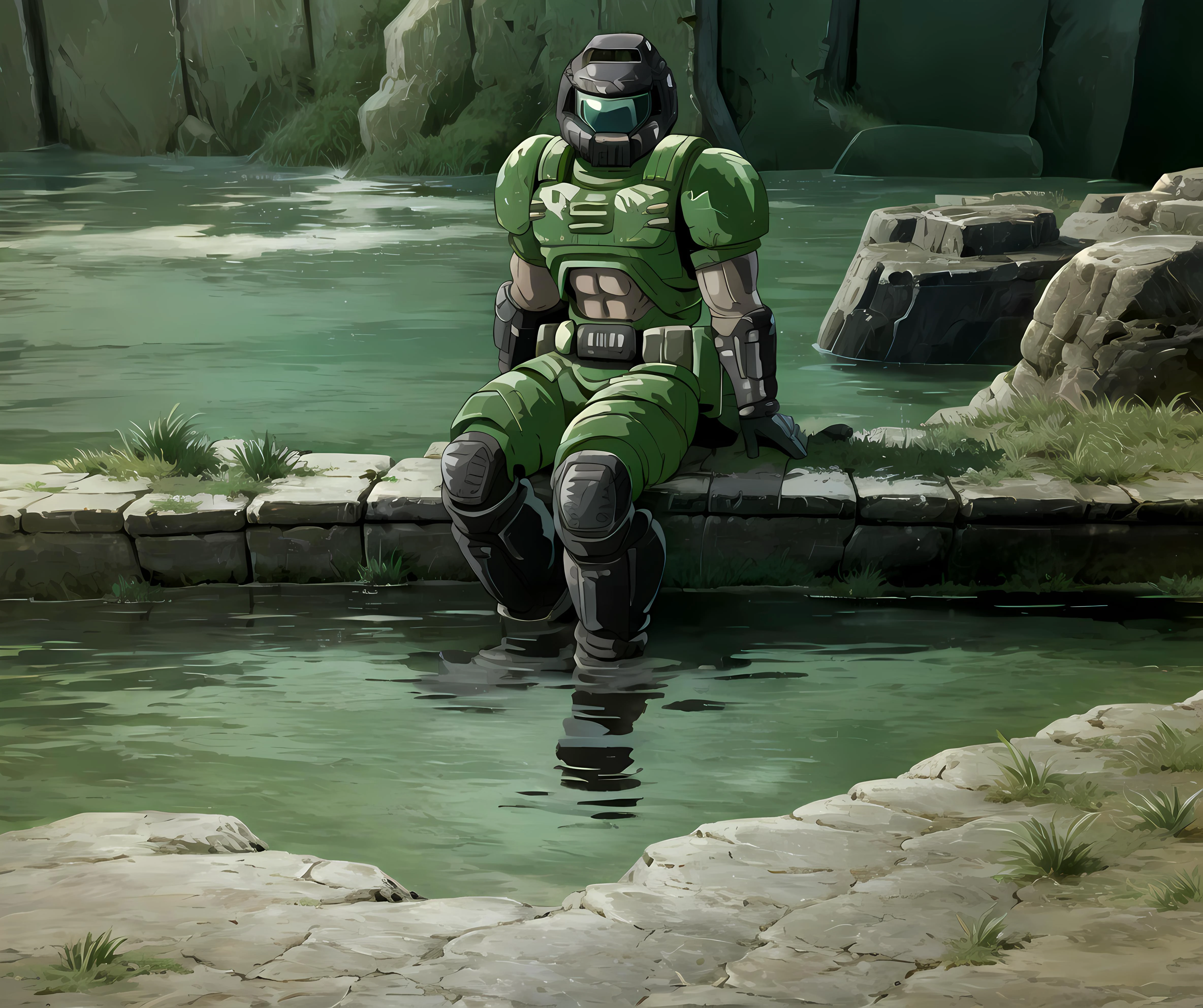 doomguy sitting on river and mountain of rock, by_andrei_tarkovsky, <lora:Andrei_Tarkovsky_Style-20 (1):1> <lora:ghibli_style_offset:1> <lora:doomguy:0.8>
