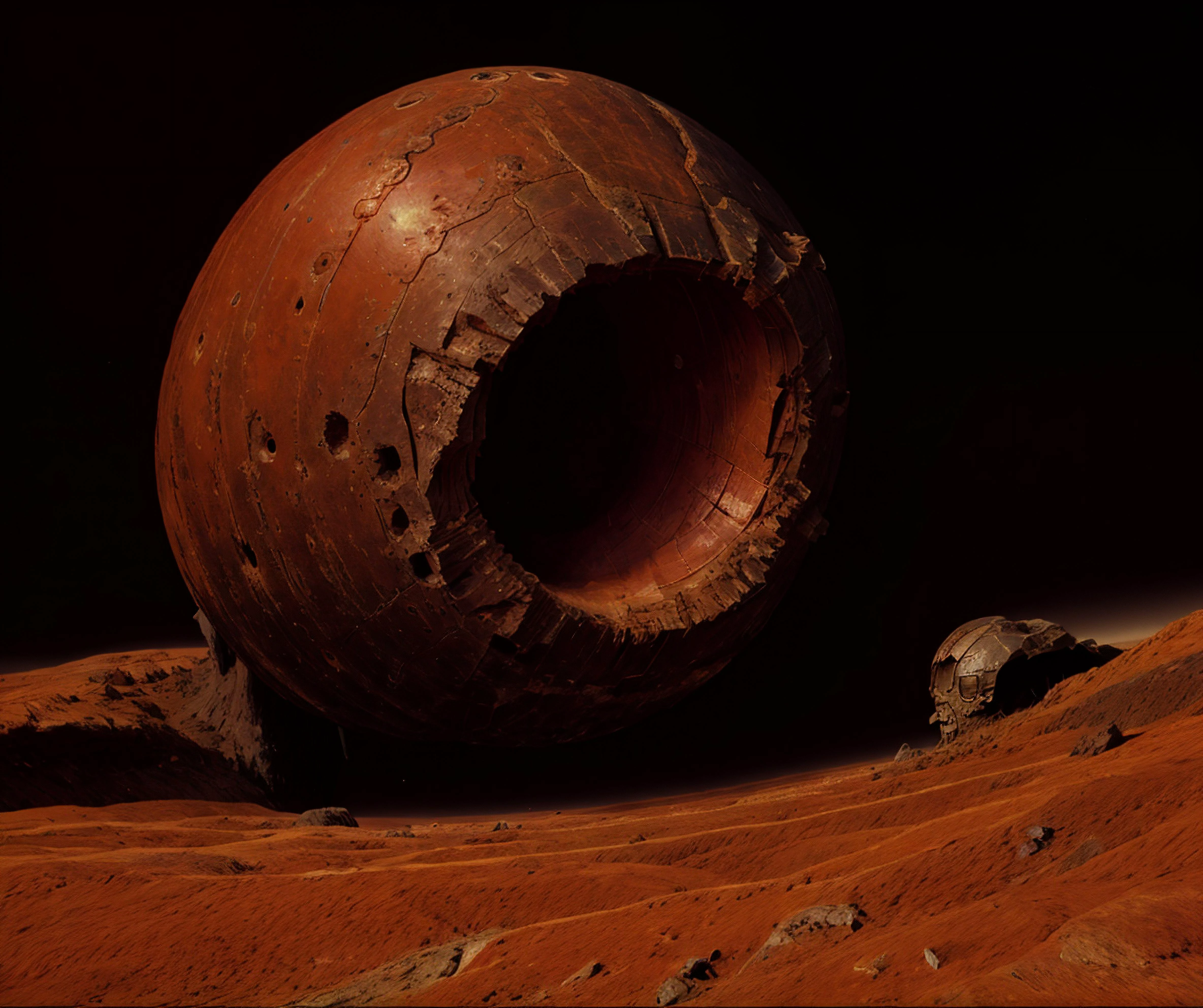 a surface of an orange alien planet, by_andrei_tarkovsky, <lora:Andrei_Tarkovsky_Style-20 (1):1> <lora:ghibli_style_offset:1> <lora:doomguy:0.8>