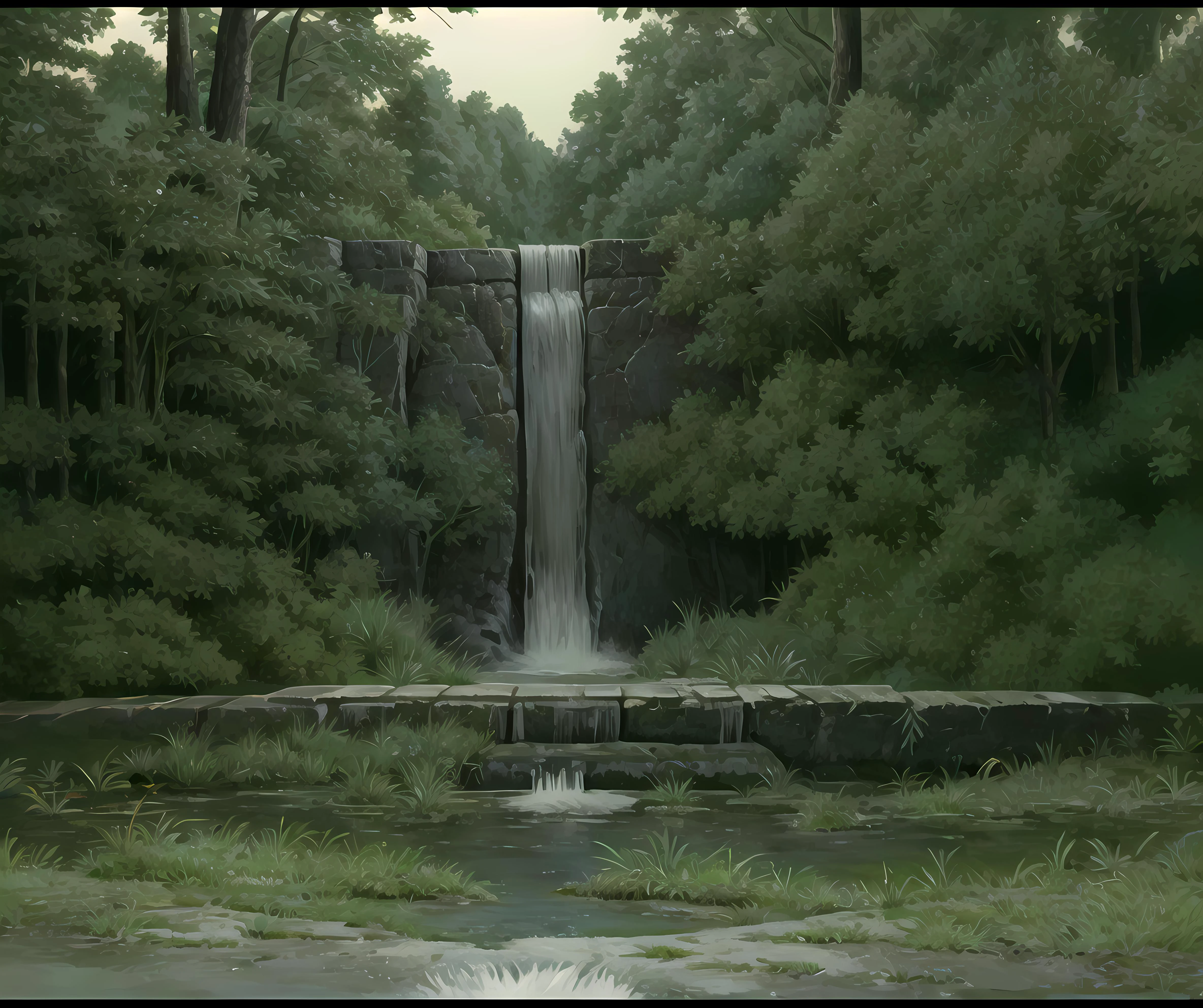 waterfall of memories and time, by_andrei_tarkovsky, <lora:Andrei_Tarkovsky_Style-20 (1):1> <lora:ghibli_style_offset:1> <lora:doomguy:0.8>