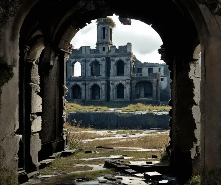 The ruins of a large city building are covered with smoke from the civil war and the city abandonment, concept of war
