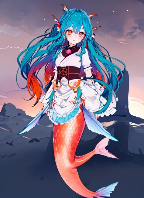 ((best quality)), ((highly detailed)), masterpiece, , (1girl), from the front, full body, <lora:aiomonstergirls_loraLocon:.4>, <lora:animeMermaid_v10:1>, (mermaid), ((multicolored hair)), blue hair, long hair, (floating hair), orange eyes, fins, head fins, underwater, (outdoors, in a graveyard, sunset, thunder storm), <lora:koikatsu_lora:1>, koikatsu, ((simple background))