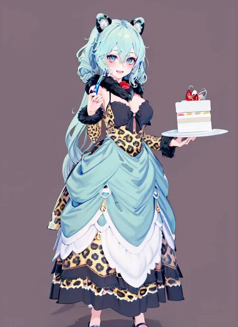 ((best quality)), ((highly detailed)), detailed face, beautiful face, , (1girl), full body, ((cake dress, maxi dress)), -(snow leopard girl, ice blue eyes), leopard ears, leopard tail, leopard-print fur, large fangs, (inside, at a bar), <lora:koikatsu_lora:1>, koikatsu, ((simple background))