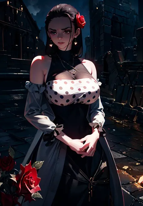 1girl ,portrait, close up, (rose, polka dot dress:1.3) <lora:ViolaOP:0.95>