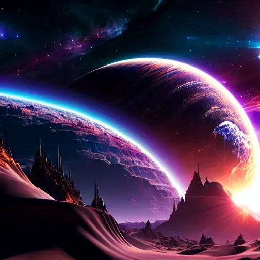 Looking out from the space station, the landscape would be breathtaking. The station would be located in the midst of an endless expanse of dark, star-studded space, with a distant planet visible on the horizon. The planet would be a majestic, multi-colored sphere, covered in swirling clouds and dotted with mountains and oceans. Around the station, there would be a flurry of activity, as spacecraft come and go, transporting supplies, equipment, and personnel. Some of the ships would be sleek and streamlined, while others would be bulky and utilitarian, designed for heavy lifting and long-haul transport. The space station itself would be a marvel of engineering, a gleaming hub of metal and glass that extends out into space like a giant spider web. The modules that make up the station would be connected by slender, curved arms, each one bristling with communication antennae, solar panels, and scientific instruments. As the station orbits the planet, the landscape below would change, revealing new vistas and hidden wonders. There might be massive craters, towering volcanoes, or deep canyons that stretch for miles. The colors of the planet would shift as the sun rises and sets, casting long shadows across the landscape and illuminating hidden valleys and peaks. Despite the vastness of space and the sheer scale of the landscape, the space station would be a beacon of life and activity, a testament to the ingenuity and determination of human beings to explore and conquer the unknown. (((masterpiece))), ((best quality)), realistic, 8k, ultra-detailed, realistic, scenery, ConceptArt, Highly detailed RAW color Photo, side Angle, (lens flare:0.7), particle effects, raytracing, cinematic lighting, shallow depth of field, photographed on a Sony Alpha 1, 50mm wide angle lens, sharp focus, cinematic film still, dynamic pose., 1 planet, <lora:SyFyEye1_v1.0:0.8>